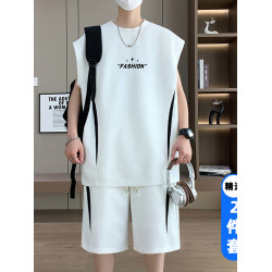 夏季薄款無袖t恤男套裝冰絲青少年運動背心速乾短褲籃球服兩件套