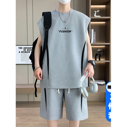 夏季薄款無袖t恤男套裝冰絲青少年運動背心速乾短褲籃球服兩件套