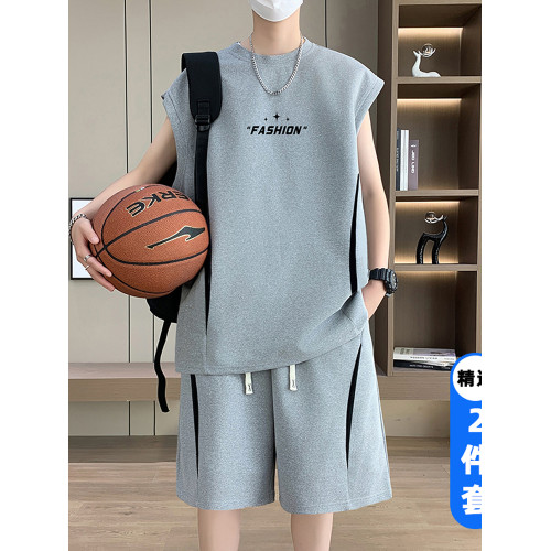 夏季薄款無袖t恤男套裝冰絲青少年運動背心速乾短褲籃球服兩件套