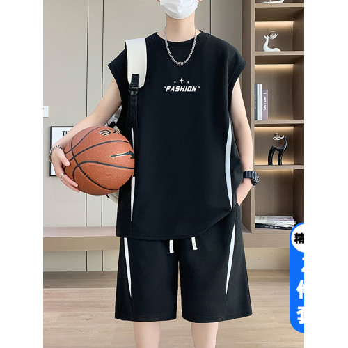 夏季薄款無袖t恤男套裝冰絲青少年運動背心速乾短褲籃球服兩件套