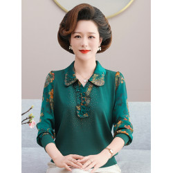 媽媽款長袖洋氣上衣中年女夏喜慶襯衣服50嵗60中老年人春秋打底衫