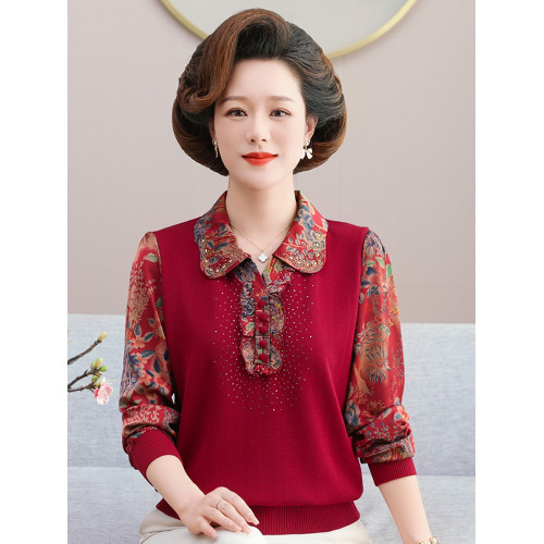 媽媽款長袖洋氣上衣中年女夏喜慶襯衣服50嵗60中老年人春秋打底衫