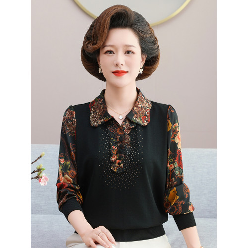 媽媽款長袖洋氣上衣中年女夏喜慶襯衣服50嵗60中老年人春秋打底衫