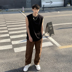 【自製】2024夏季背心男日系復古簡約純色寬鬆無袖T恤衫潮牌背心