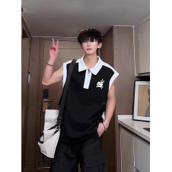 半拉鍊背心男款夏季美式高街痞帥撞色運動坎肩高級感翻領無袖t恤
