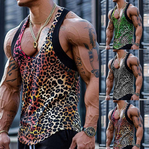 歐美2025新款男士小背心豹紋款純色寬松休閒個性龐克系列無袖