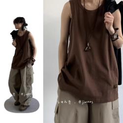 夏季日系復古基礎款背心男女寬松純色中性學院風百搭無袖打底汗衫