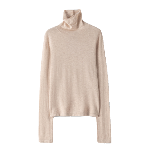 精紡100細羊毛堆堆領針織打底衫女寬松休閒簡約百搭長袖薄毛衣潮