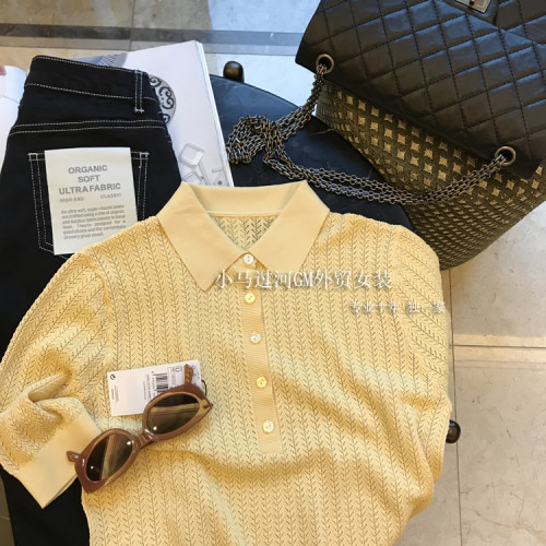 夏季法式黃色鏤空翻領針織衫短袖t恤女polo衫設計感小衆薄款上衣