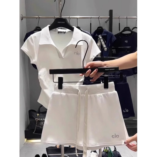 LILY MOST2025休閒運動套裝女polo衫收腰白色短袖T恤松緊腰兩件套