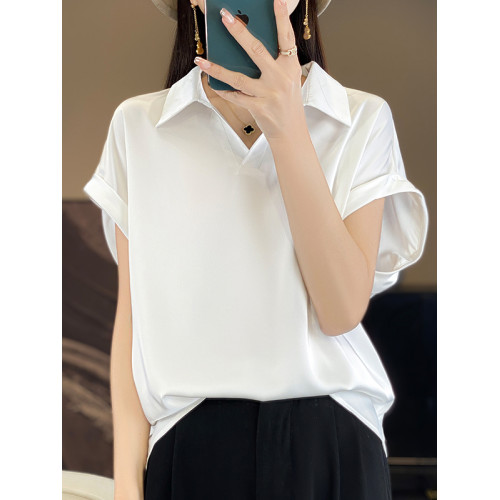 夏季新款醋酸短袖女POLO衫純色時尚垂感寬松顯瘦洋氣無袖上衣T恤
