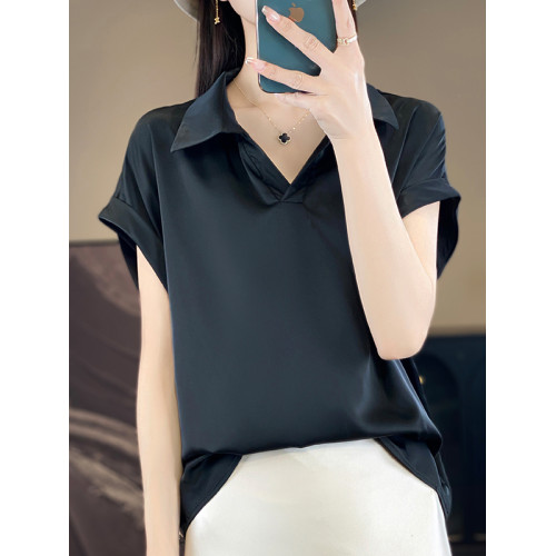 夏季新款醋酸短袖女POLO衫純色時尚垂感寬松顯瘦洋氣無袖上衣T恤