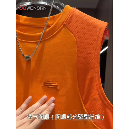 拼接網孔無袖t恤男士背心2025新款夏季潮流美式寬松透氣上衣男款