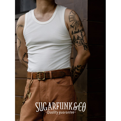 Sugarfunk修身粗螺紋條紋彈力純棉打底背心美式復古/阿美哢嘰