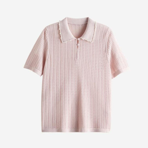 輕奢小香風~桑蠶絲短袖女polo衫珍珠翻領萊賽爾天絲寬松針織衫薄