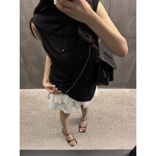 DETW 25ss*《暗黑》原創小衆斜拉鍊鉚釘褶皺背心立領高級感短袖T