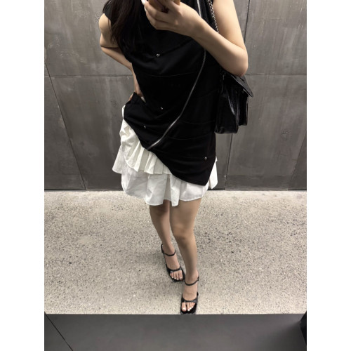 DETW 25ss*《暗黑》原創小衆斜拉鍊鉚釘褶皺背心立領高級感短袖T