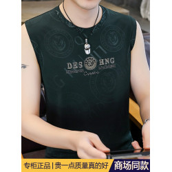 高級潮流夏季男士背心薄款圓領無袖汗衫冰絲短袖t恤速乾打底上衣