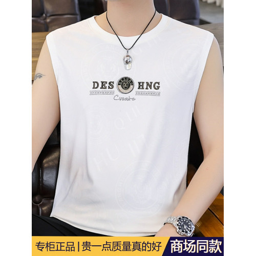 高級潮流夏季男士背心薄款圓領無袖汗衫冰絲短袖t恤速乾打底上衣