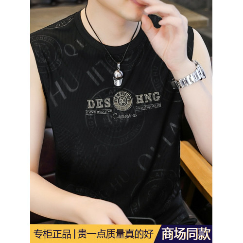 高級潮流夏季男士背心薄款圓領無袖汗衫冰絲短袖t恤速乾打底上衣