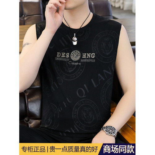 高級潮流夏季男士背心薄款圓領無袖汗衫冰絲短袖t恤速乾打底上衣