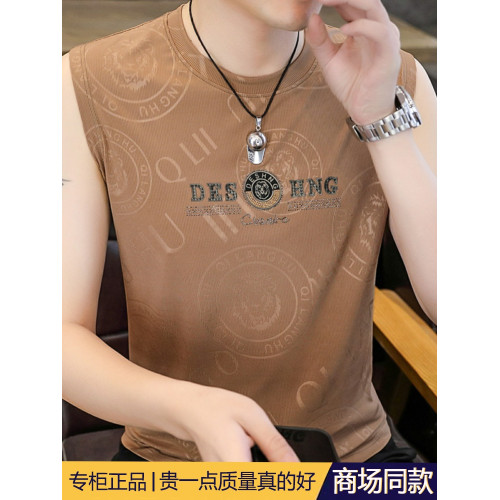 高級潮流夏季男士背心薄款圓領無袖汗衫冰絲短袖t恤速乾打底上衣