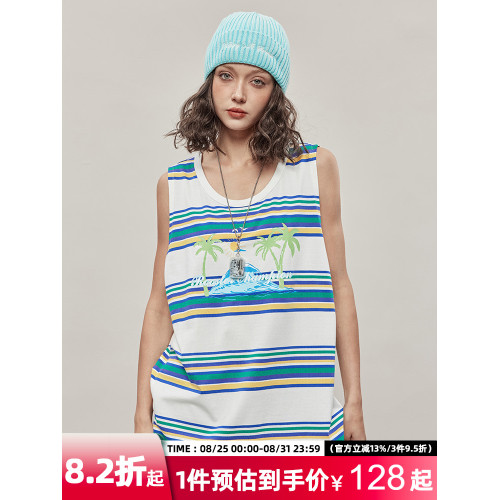 公雞冠軍背心男夏季新款寬松奶白色條紋椰樹印花情侶運動無袖上衣