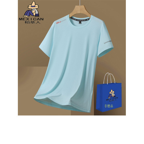 稻草人高品質冰絲純色運動體恤衫男夏季寬松透氣圓領薄款速乾短袖
