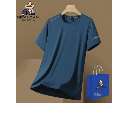 稻草人高品質冰絲純色運動體恤衫男夏季寬松透氣圓領薄款速乾短袖