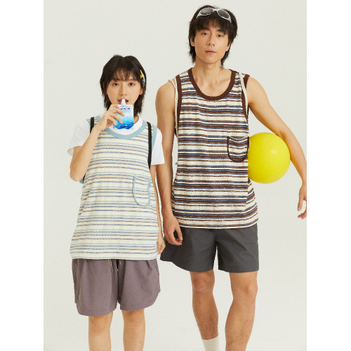OADB夏季復古清新撞色條紋肌理毛巾布無袖坎肩寬松背心男女款曡穿