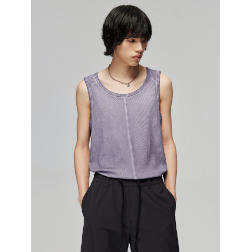 Simple Project 羅紋染色拼接做舊寬松圓領背心無袖坎肩上衣內搭