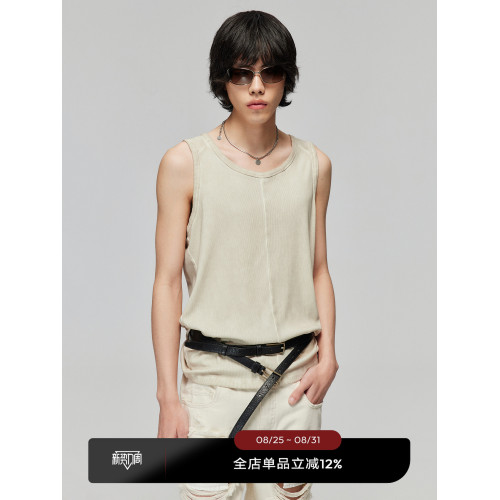 Simple Project 羅紋染色拼接做舊寬松圓領背心無袖坎肩上衣內搭