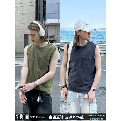 CountryMoment 水洗做舊290G重磅美式復古坎肩無袖打底衫背心男女