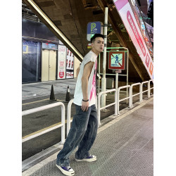美式潮牌vintage樂隊寬松廢土風破壞男士白色背心情侶T恤無袖坎肩
