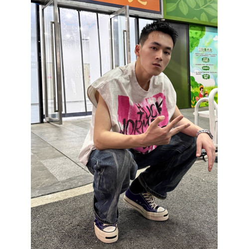 美式潮牌vintage樂隊寬松廢土風破壞男士白色背心情侶T恤無袖坎肩