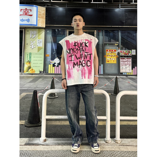 美式潮牌vintage樂隊寬松廢土風破壞男士白色背心情侶T恤無袖坎肩