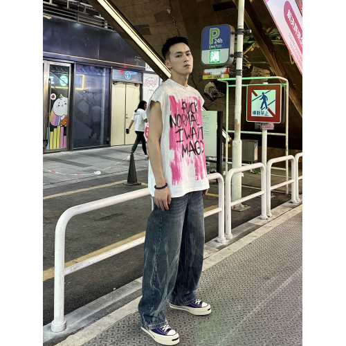 美式潮牌vintage樂隊寬松廢土風破壞男士白色背心情侶T恤無袖坎肩