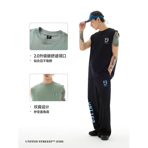US聯邦街牌坎肩背心夏季立體字母印花純棉健身無袖圓領街舞嘻哈