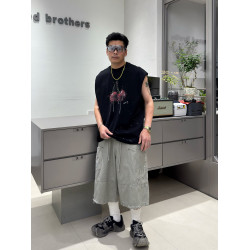 美式潮牌趣味櫻桃潑墨印花汗背心男時尚寬松休閒磨邊純棉無袖t恤