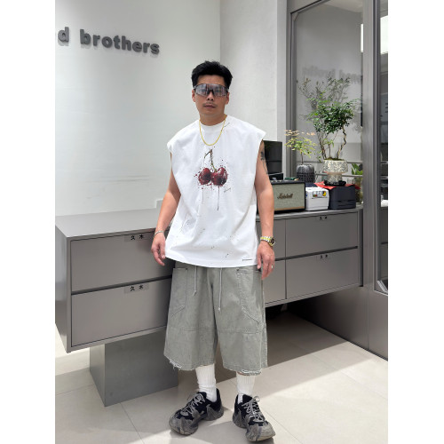 美式潮牌趣味櫻桃潑墨印花汗背心男時尚寬松休閒磨邊純棉無袖t恤
