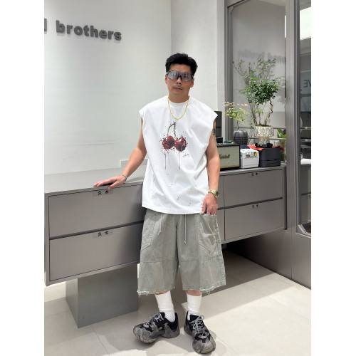 美式潮牌趣味櫻桃潑墨印花汗背心男時尚寬松休閒磨邊純棉無袖t恤