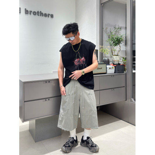 美式潮牌趣味櫻桃潑墨印花汗背心男時尚寬松休閒磨邊純棉無袖t恤
