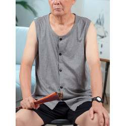 夏季中老年人男純棉開衫背心短褲套裝爸爸夏裝無袖坎肩對襟老頭衫