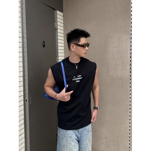 2025夏季新款無袖T恤男士美式潮牌痞帥男裝字母印花運動坎肩 背心