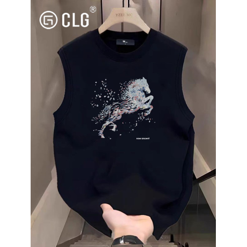 香港CLG潮牌彩繪飛馬背心美式夏痞帥炸街T恤寬松純棉圓領汗衫坎肩