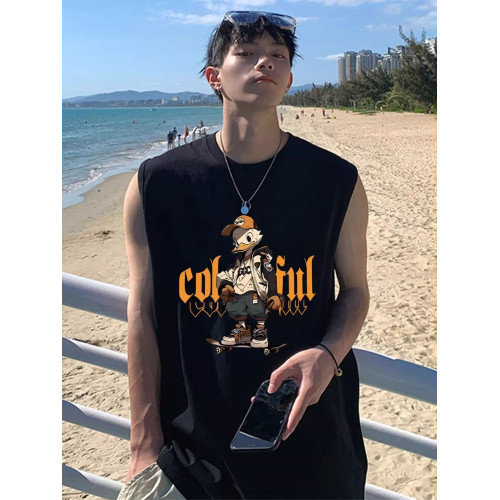 倉石一樹美式潮流純棉背心男生夏季寬松卡通鴨子印花圓領無袖體恤