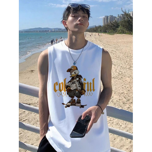 倉石一樹美式潮流純棉背心男生夏季寬松卡通鴨子印花圓領無袖體恤