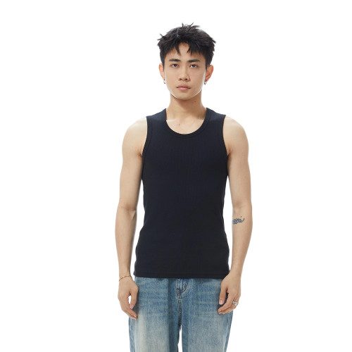GOODLIVEABLE 美式復古顯壯修身螺紋背心男健身運動街頭無袖T恤潮