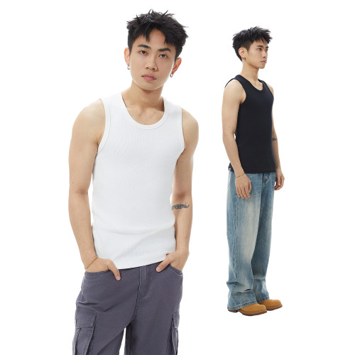 GOODLIVEABLE 美式復古顯壯修身螺紋背心男健身運動街頭無袖T恤潮