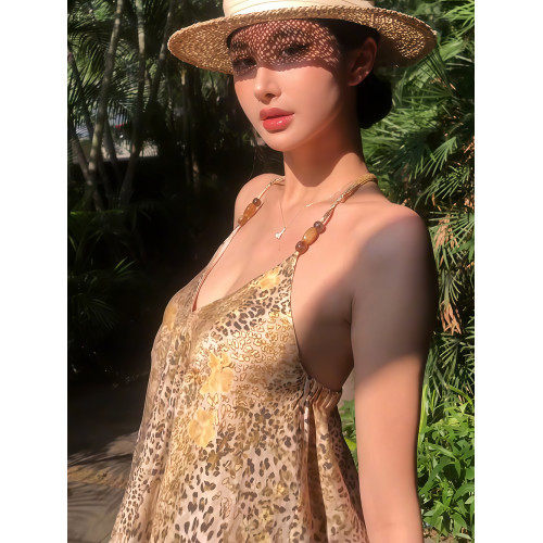 不規則豹紋串珠吊帶衫連衣裙女2025夏季天絲醋酸V領上衣辣妹短裙